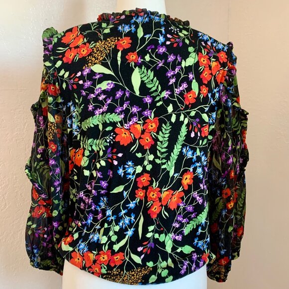 ANTHROPOLOGIE Maeve Jacquin Peasant Blouse Black Floral Ruffle Sleeve Blouse L - Picture 2 of 11